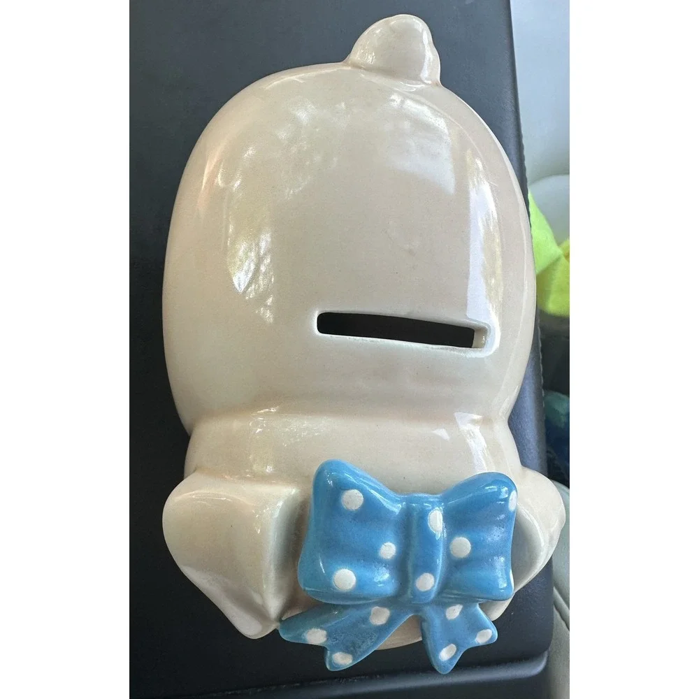 Vintage Lefton Piggy Bank Blue Polka Bow Anthropomorphic Ceramic w/Labels &plug
